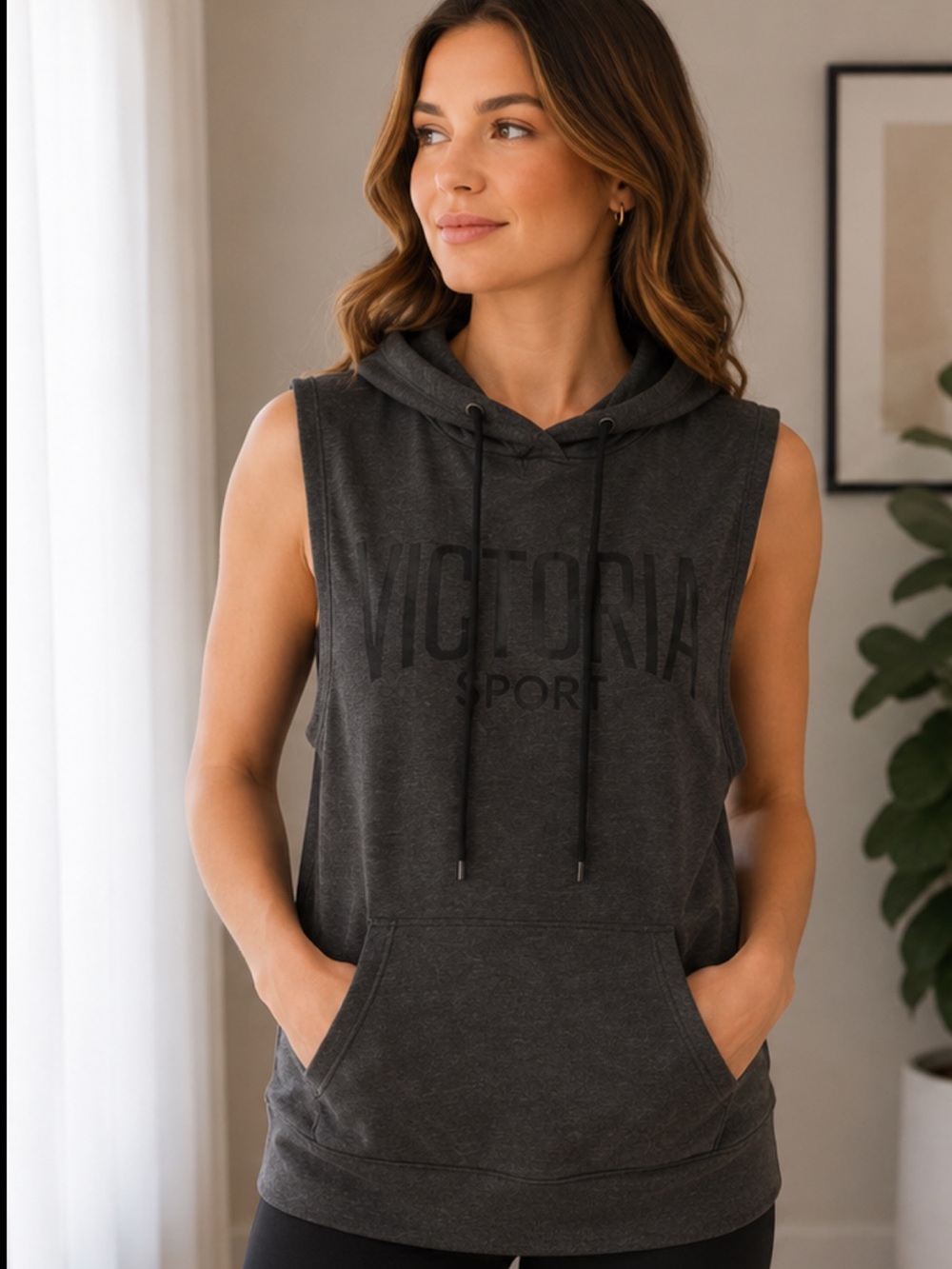 VICTORIA SPORT SLEEVELESS HOODIE OPEN BACK ATHLETIC PULLOVER GRAY SWEATSHIRT L